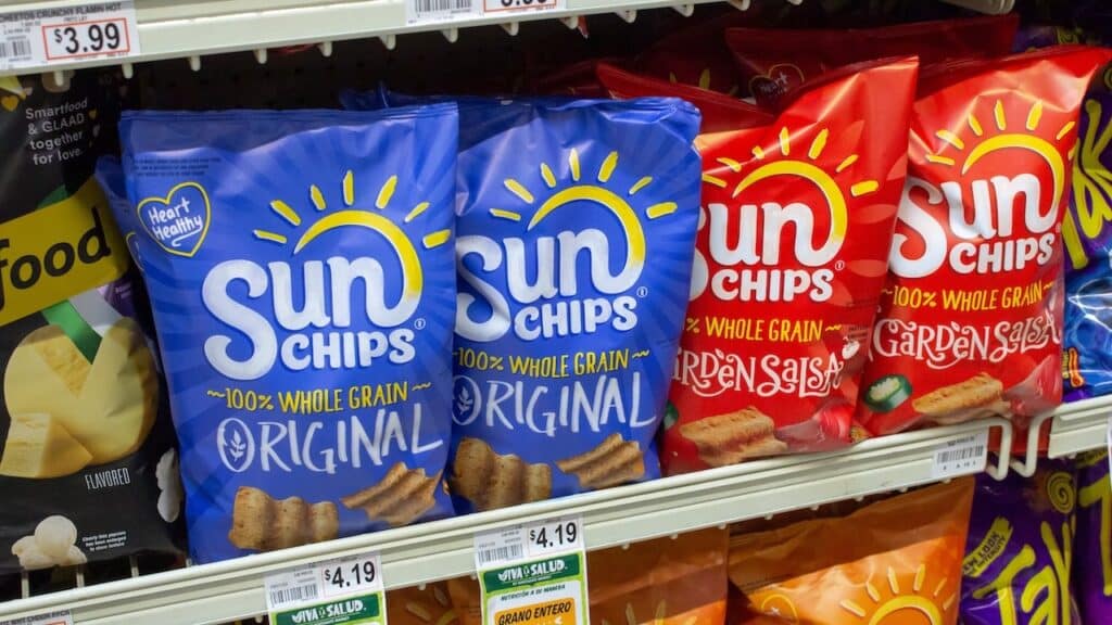A view of several bags of Sun Chips, on display at a local grocery store.