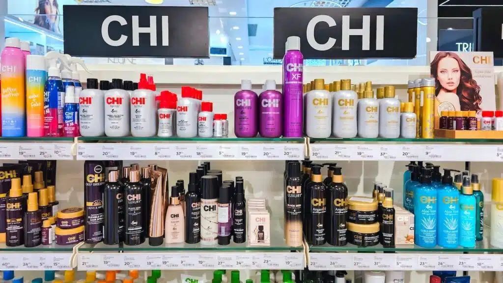 Shelves with CHI Professional Hair Care Products with promotional prices on sale