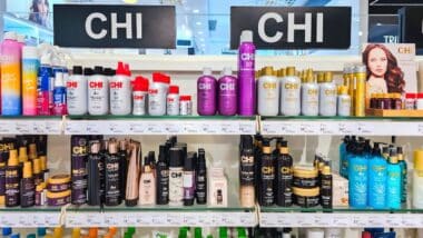 Shelves with CHI Professional Hair Care Products with promotional prices on sale