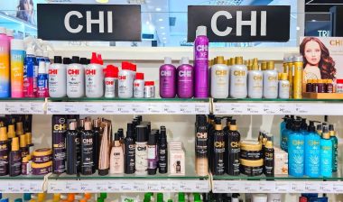 Shelves with CHI Professional Hair Care Products with promotional prices on sale