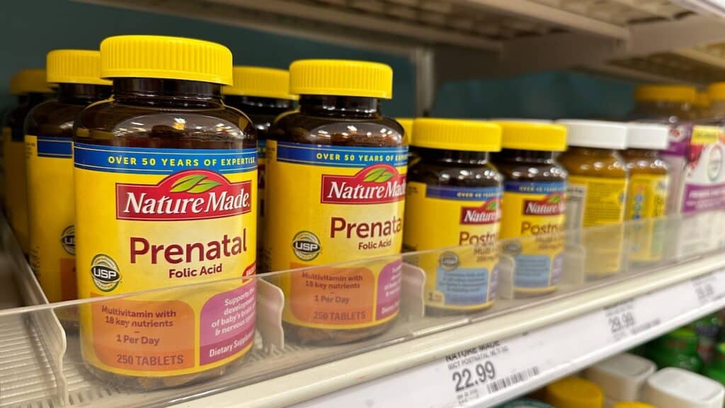 A view of several bottles of Nature Made prenatal vitamins on display at a local Target grocery store.