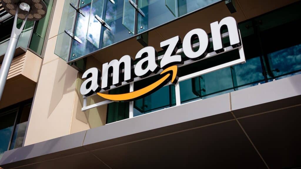 Amazon logo on a building in Palo Alto, Silicon Valley, San Francisco Bay Area.