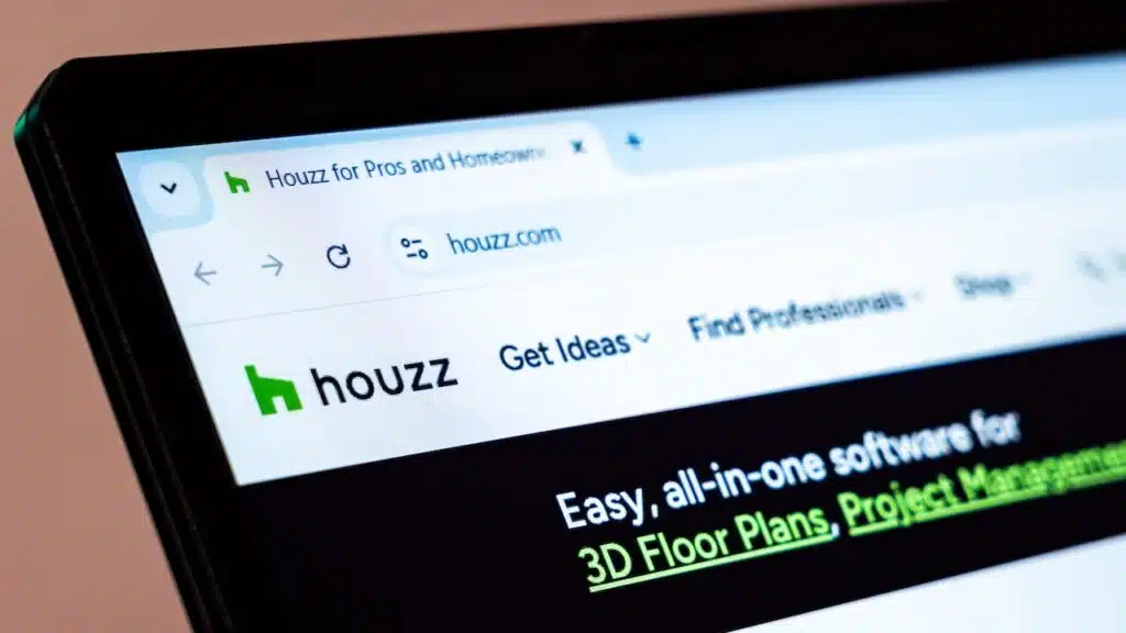 Houzz website displayed on laptop screen showcasing home improvement brand and interior design platform