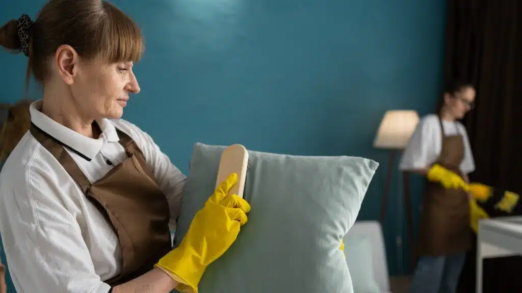 Housework and housekeeping concept. Female janitors from professional cleaning service brushing pillows with brush in the house.