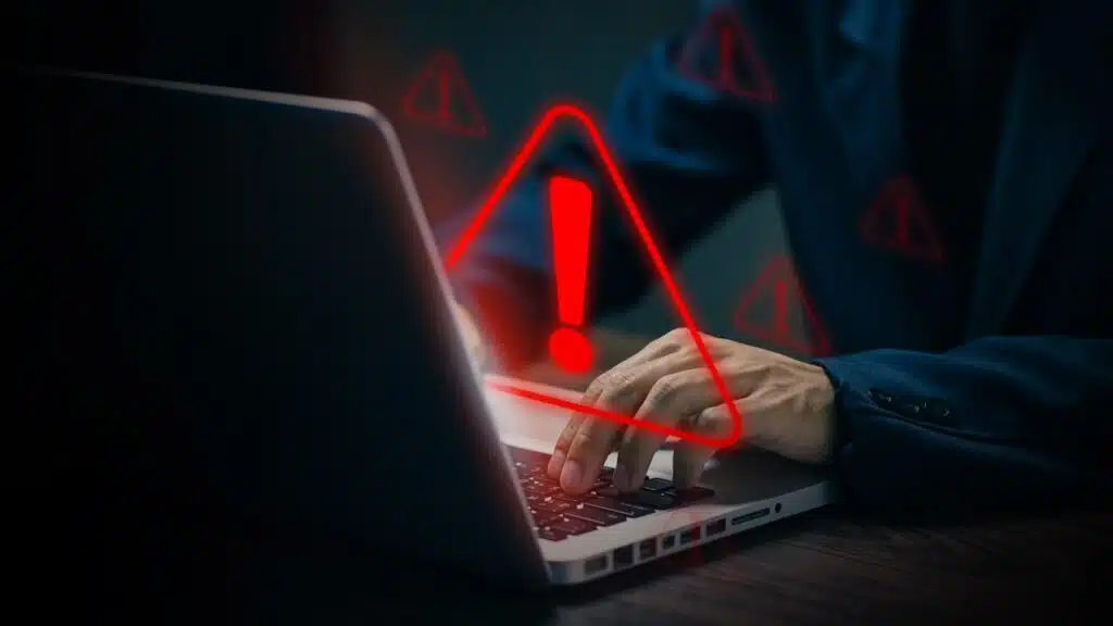 A person typing on a laptop with red warning signs and exclamation marks, symbolizing cyber threats, data breach, online danger, and digital security risks.