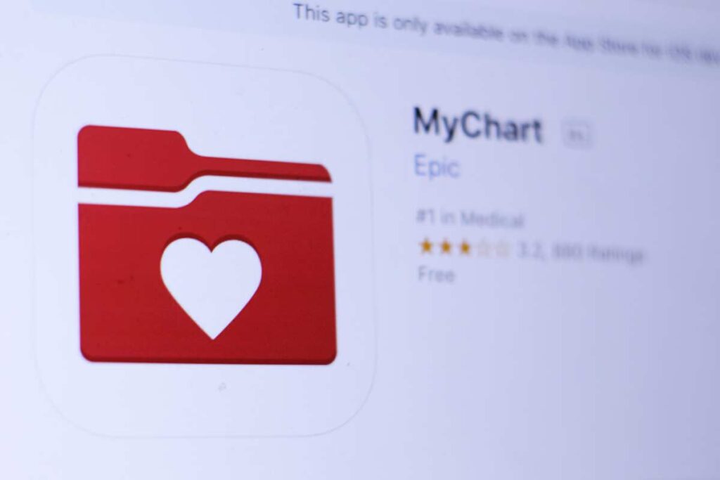 Close up of MyChart app download page, representing the Henry Ford Health MyChart privacy class action settlement.