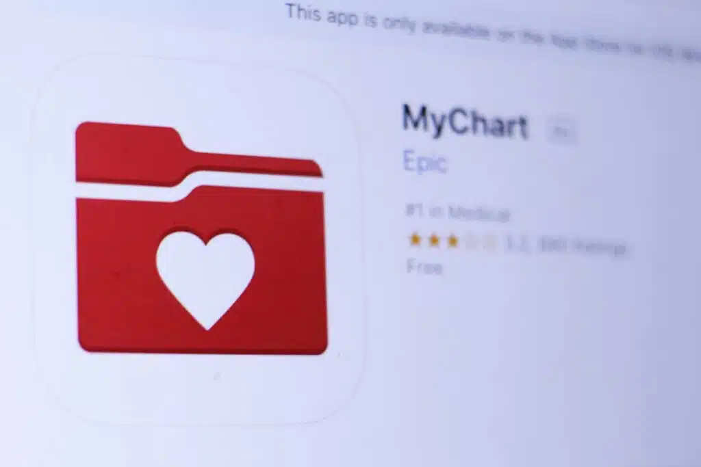 Close up of MyChart app download page, representing the Henry Ford Health MyChart privacy class action settlement.