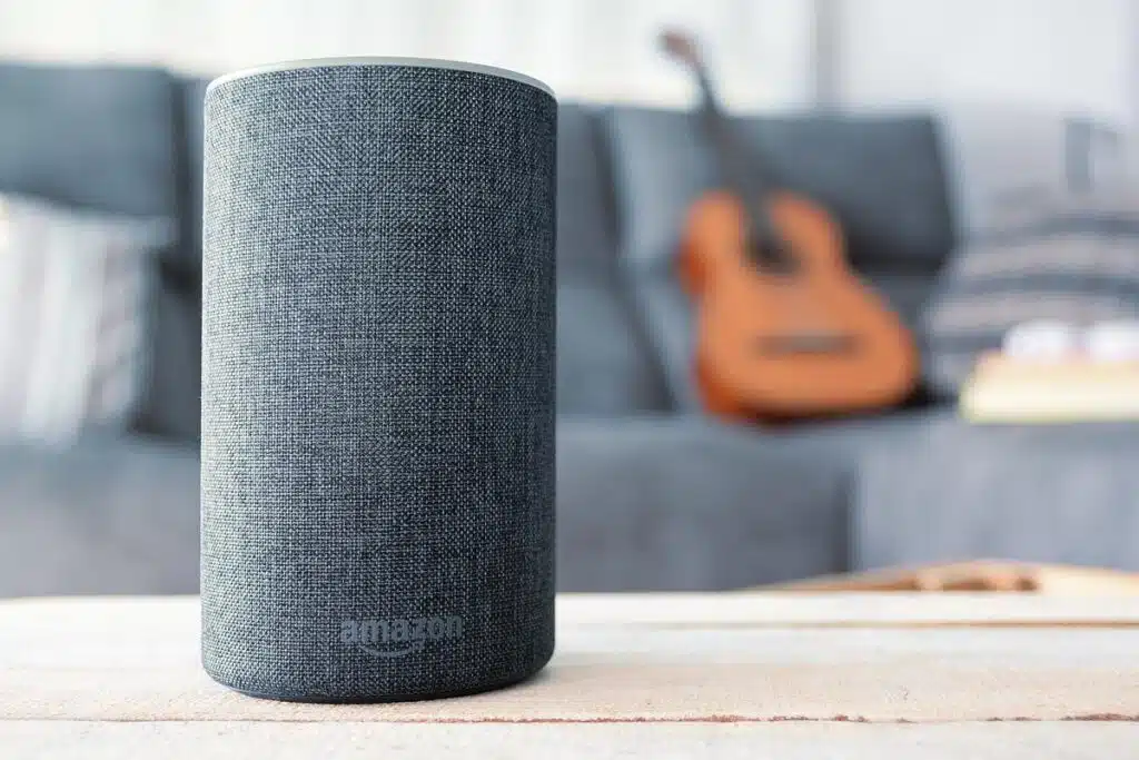 Close up of Amazon Echo device on a table, representing Amazon privacy class action.