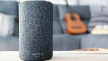 Close up of Amazon Echo device on a table, representing Amazon privacy class action.