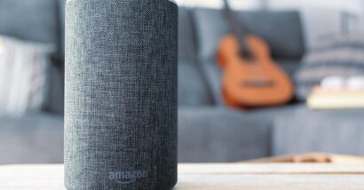 Close up of Amazon Echo device on a table, representing Amazon privacy class action.