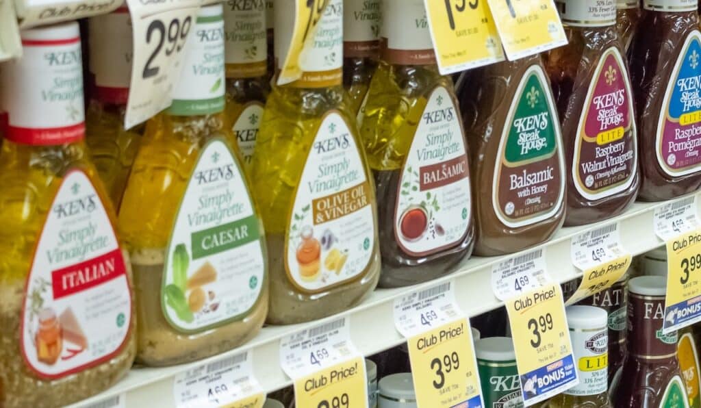 A view of several kinds of Ken's dressing at the grocery store.