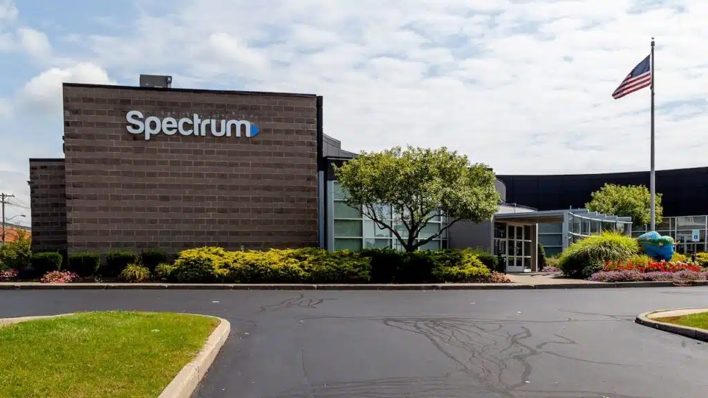 Spectrum sign is seen on the building in Buffalo, New York.