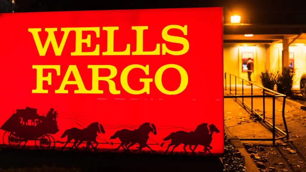 Close up of Wells Fargo sign at their branch in the downtown area.