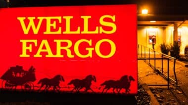 Close up of Wells Fargo sign at their branch in the downtown area.