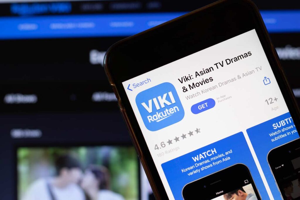 Close up of Viki app download page displayed on a smartphone screen, representing Viki settlement.