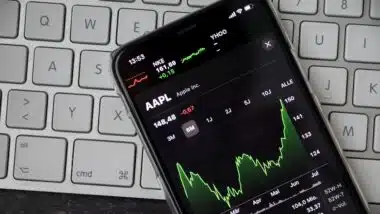 Apple Stock chart close-up banner photo. Finance Concept.