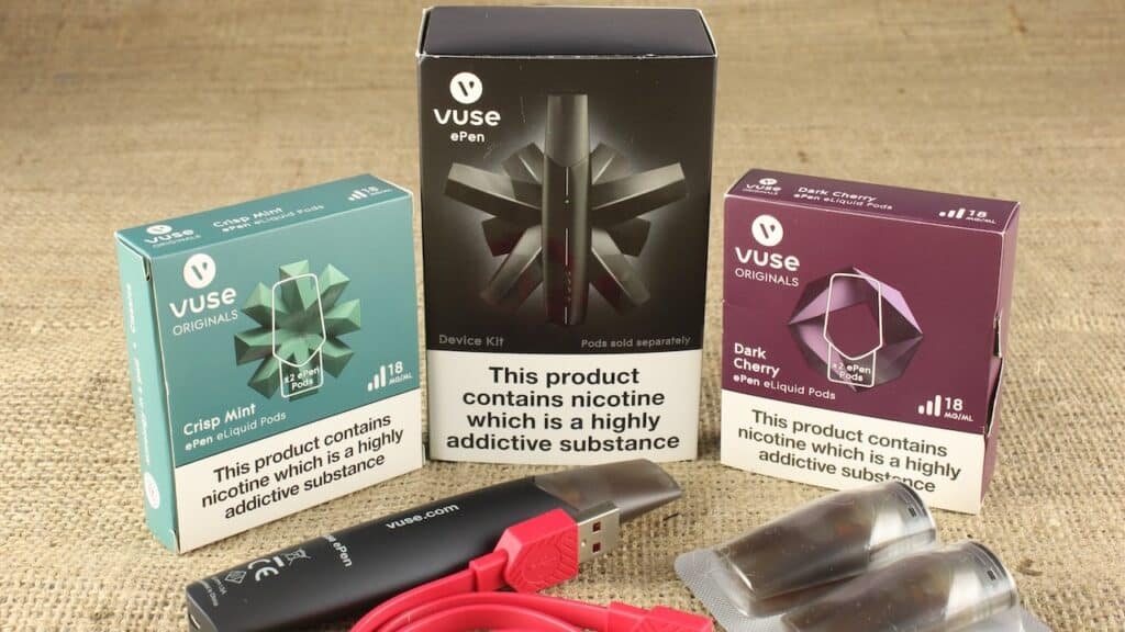 Ecig Vuse epen with refill cartridges and usb charging lead.