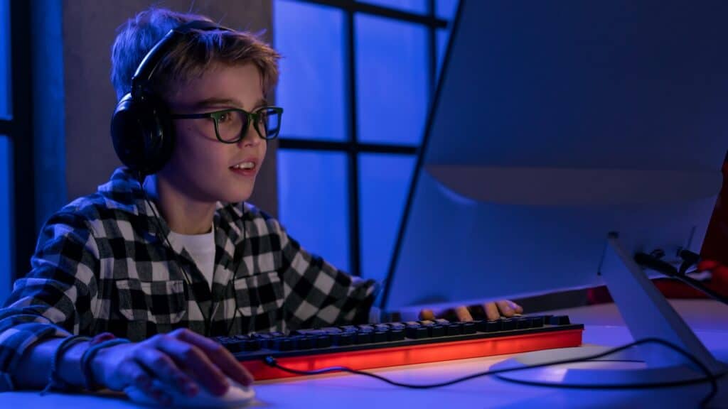 Young gamer boy with headphones playing computer video game.