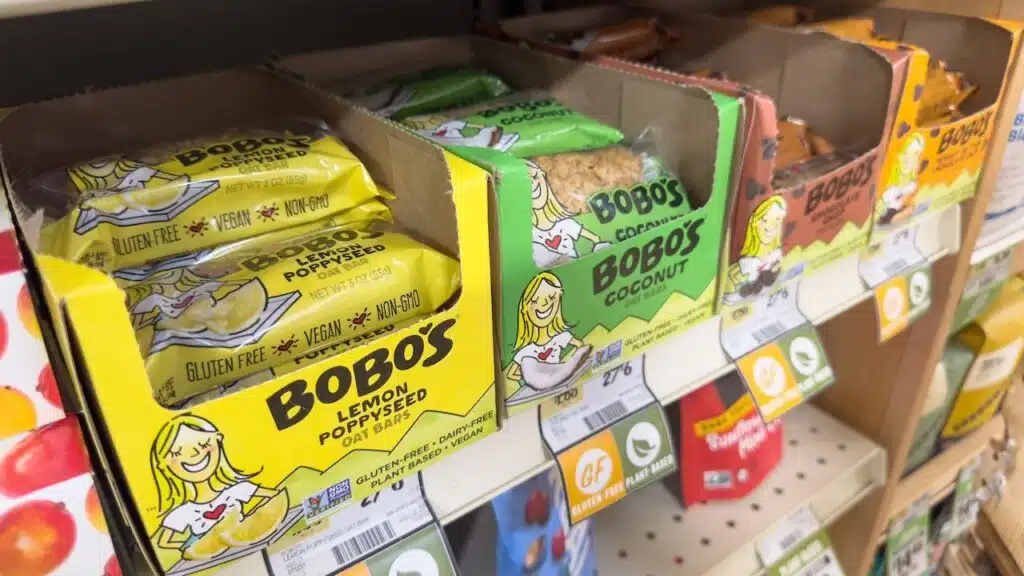 A view of several packages of Bobo's oat bars, on display at a local grocery store.