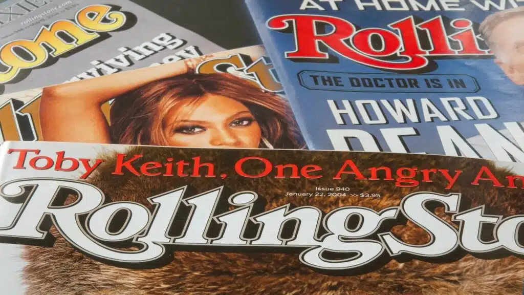 Close up of Rolling Stone paper print music magazine covers. Founded in San Francisco, California, 1967.