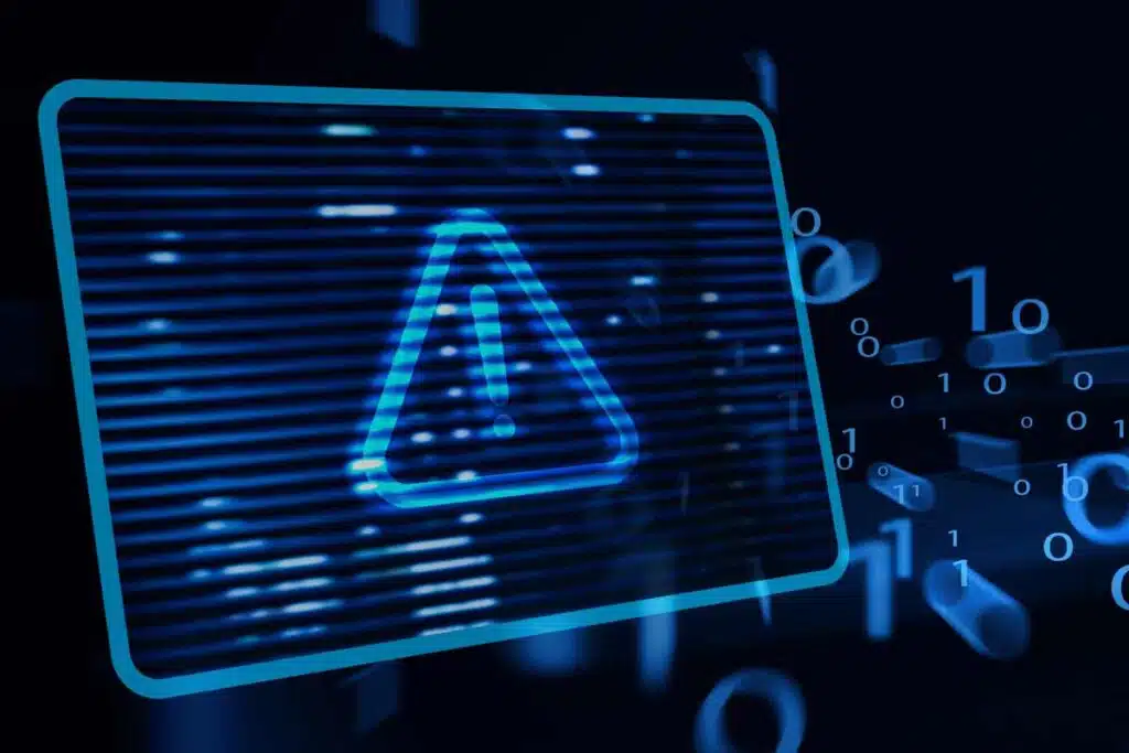 Close up of warning symbol overlay, representing the Belk data breach class action.