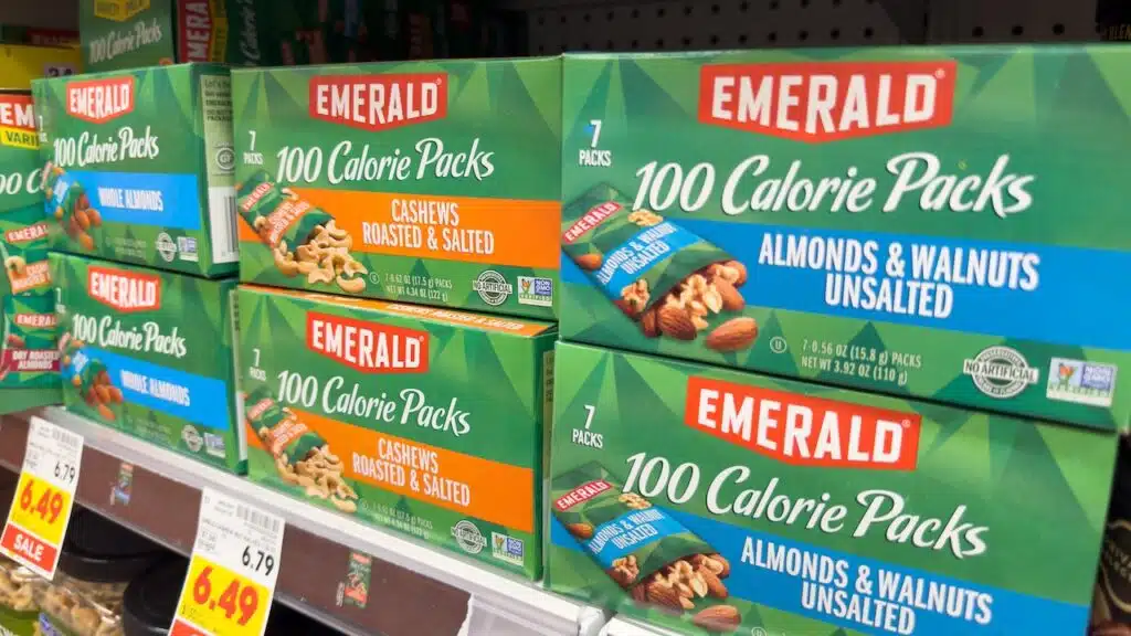 A view of several cases of Emerald nuts, on display at a local grocery store.
