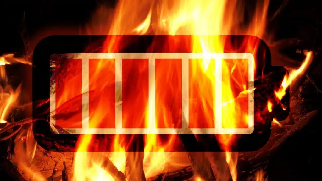 illustration of Li-Ion battery in front of burning fireplace