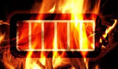 illustration of Li-Ion battery in front of burning fireplace
