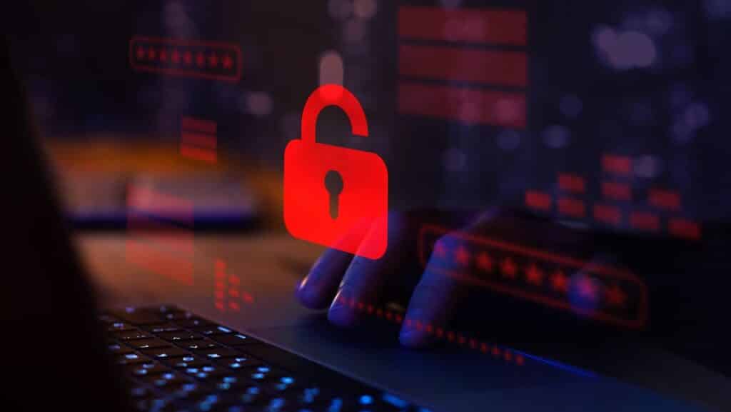 Security breach, system hacked, internet cyber attack alert with red broken padlock, cybersecurity.