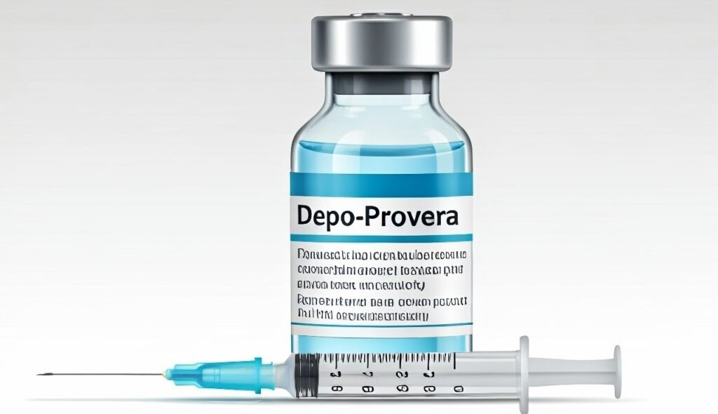 Depo-Provera vial and syringe on a transparent background