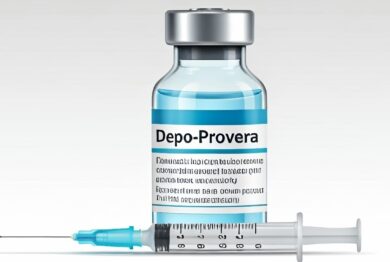 Depo-Provera vial and syringe on a transparent background