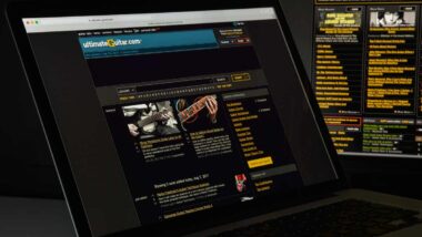 Close up of Ultimate Guitar website on a laptop, representing the Ultimate Guitar class action lawsuit.