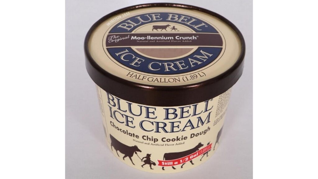 Moo-llennium Crunch Ice Cream half gallon packaged in a Chocolate Chip Cookie Dough carton produced in its Brenham, Texas, plant because of undeclared almond, walnut, and pecan.