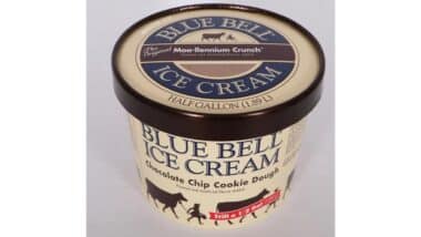 Moo-llennium Crunch Ice Cream half gallon packaged in a Chocolate Chip Cookie Dough carton produced in its Brenham, Texas, plant because of undeclared almond, walnut, and pecan.