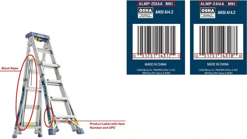 Recalled Werner 20’ and 24’ Multi-Max Pro Multi-Purpose Ladder with location of product label and attached black rope; Recalled Werner 20’ and 24’ Multi-Max Pro Multi-Purpose Ladder label