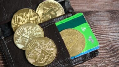 wallet with crypto currency gold coin bitcoin and credit card