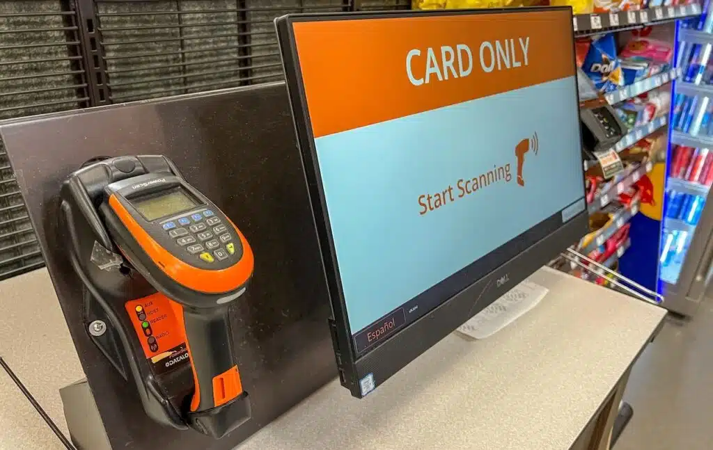 Close-up image of a self-checkout station at a Home Depot store.