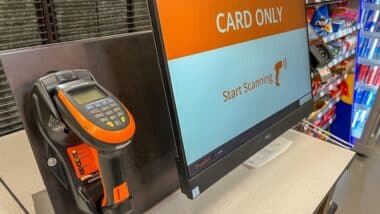 Close-up image of a self-checkout station at a Home Depot store.