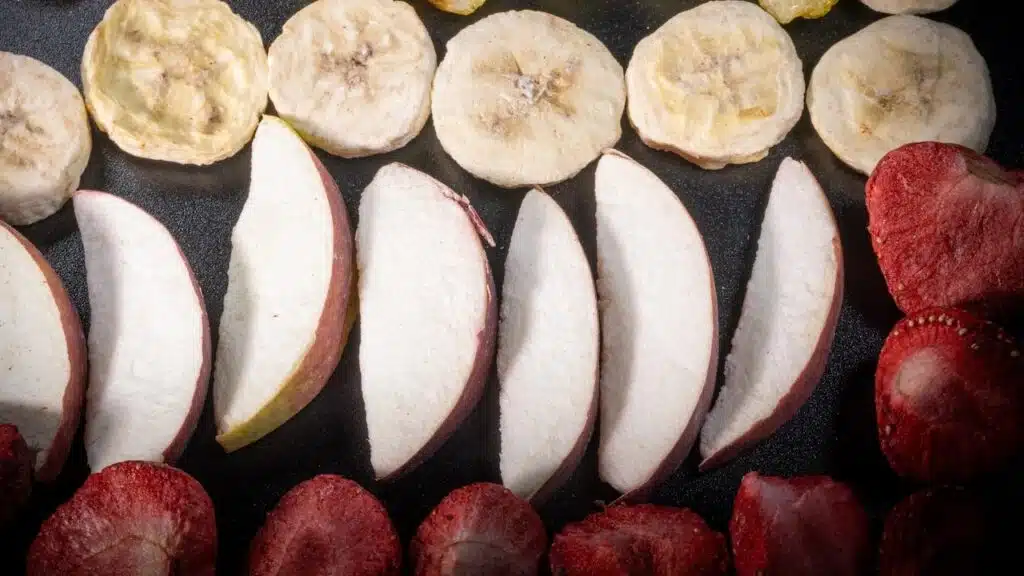 apple, banana, and strawberries freeze dried