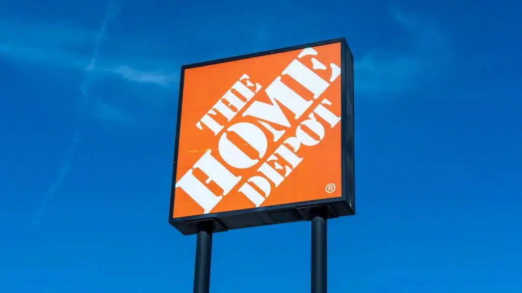 Close up of Home Depot logo sign with the blue sky background.