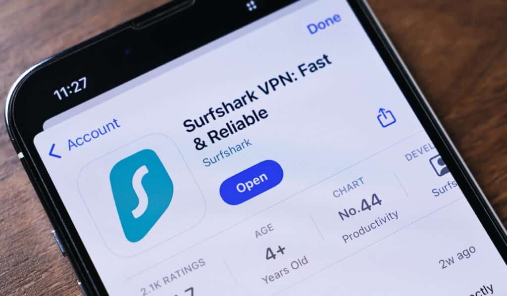 Surfshark VPN app displayed on a smartphone screen with branding and interface