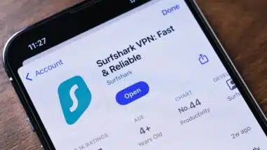 Surfshark VPN app displayed on a smartphone screen with branding and interface