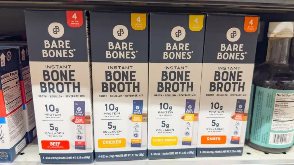 A view of several packages of Bare Bones instant broth, at the store.