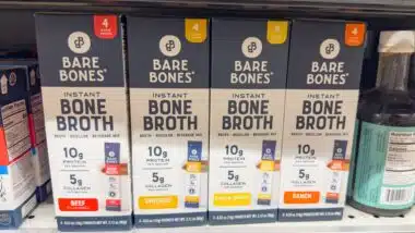 A view of several packages of Bare Bones instant broth, at the store.