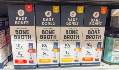 A view of several packages of Bare Bones instant broth, at the store.