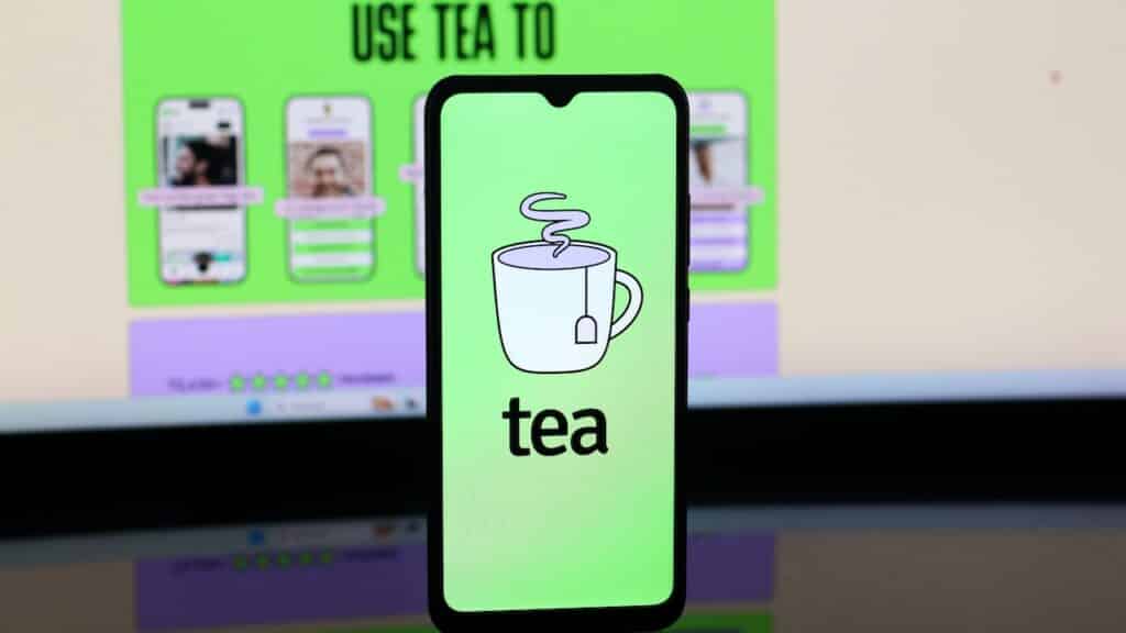 Tea app logo is seen displayed on a smartphone screen