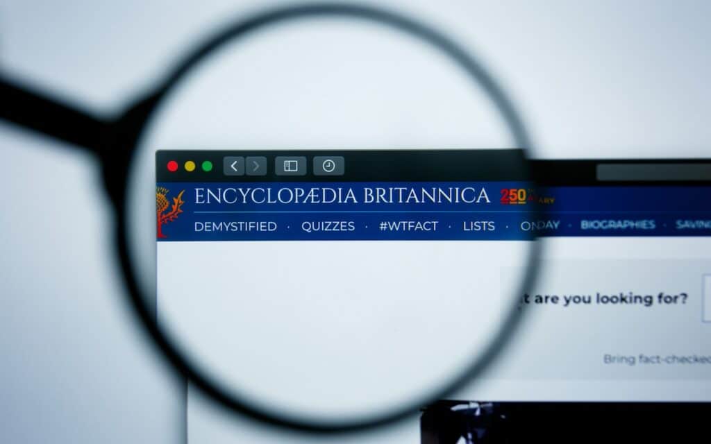 Illustrative Editorial of encyclopaedia britannica website homepage. encyclopaedia britannica logo visible on display screen.