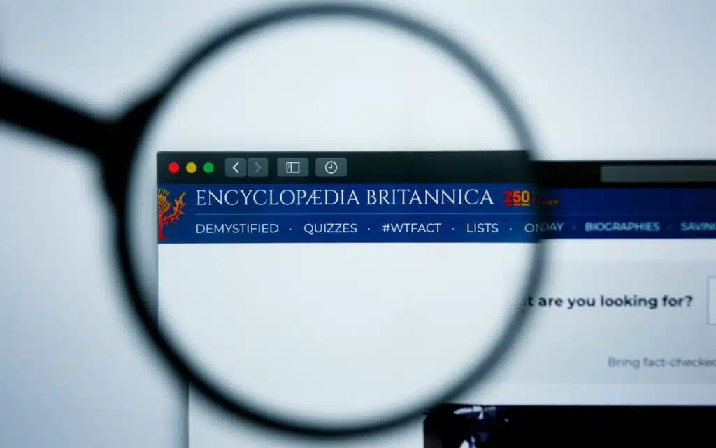 Illustrative Editorial of encyclopaedia britannica website homepage. encyclopaedia britannica logo visible on display screen.