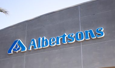 A view of a store front sign for the grocery store chain known as Albertsons.