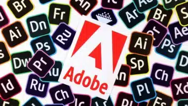 Paper logos of most popular adobe products on white background. Photoshop illustrator bridge indesign premierepro aftereffects lightroom flashbuilder and others